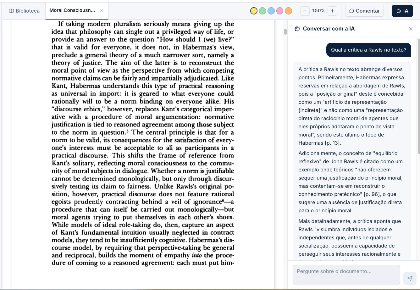 Chat da IARA respondendo perguntas sobre um PDF com citação da página